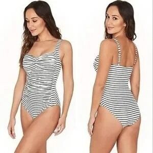 Bond-Eye Claudia Ruched Onesie White Black Stripe Swimsuit‎